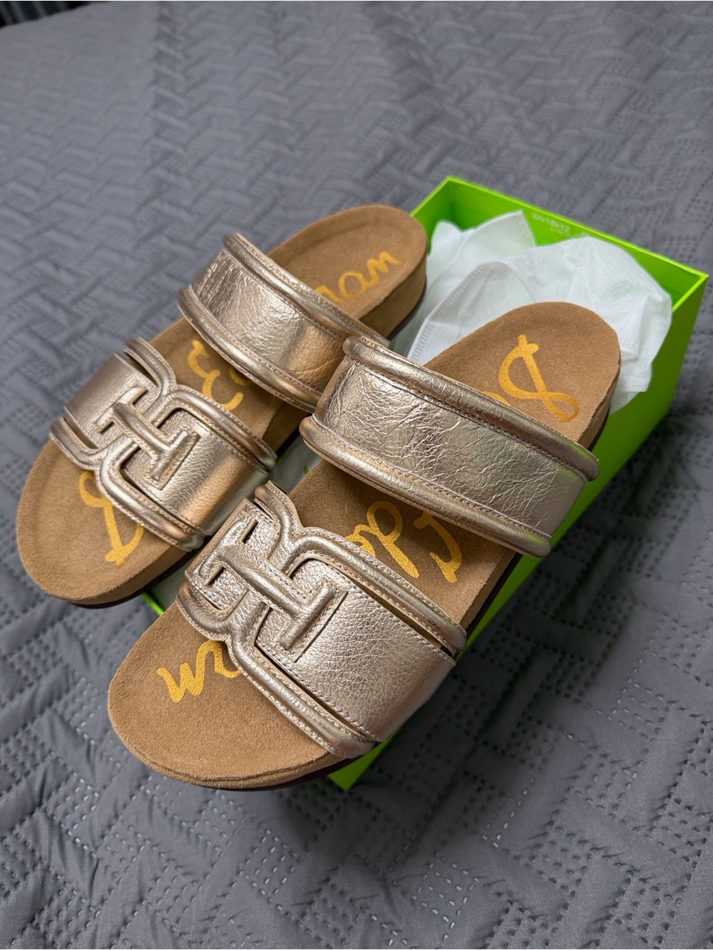 Sam Edelman Metallic Gold Double-Strap Slide Sandals - Picture 2 of 7